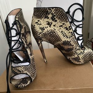 High heel lace up booties snake skin